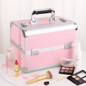 Kuferek kosmetyczny różowy – aluminiowy organizer na kosmetyki, lakiery i makeup z półkami