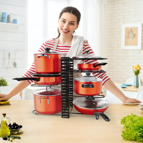 Organizer na patelnie i pokrywki 4-poziomowy – 8 miejsc, metalowy