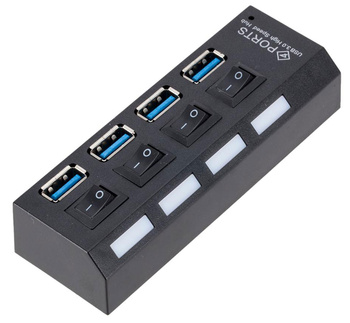 4-portowy HUB USB 3.0 z włącznikami, szybka transmisja 5Gb/s, Hot Plug&Play, kompatybilność 