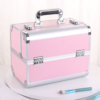 Kuferek kosmetyczny różowy – aluminiowy organizer na kosmetyki, lakiery i makeup z półkami