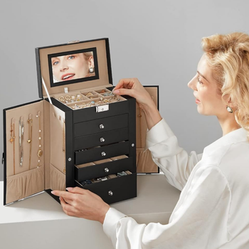 Szkatułka na biżuterię XXL czarna – organizer 6 poziomów, szuflady, panele