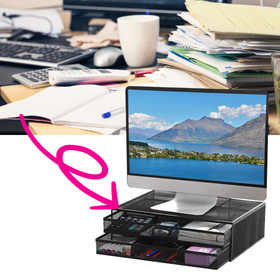 Metalowa podstawka pod monitor lub laptop z szufladami – czarna, wentylowana