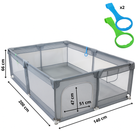 Kojec dla dziecka 200x140 cm XL – duży plac zabaw z siatką, wejście na zamek, uchwyty do nauki chodzenia, szary + torba transportowa