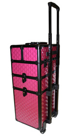 Kufer kosmetyczny aluminiowy na kółkach różowo-czarny – wysuwana rączka, 4 przegrody, 2 moduły