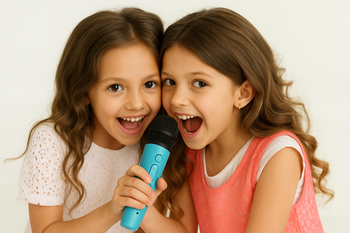 Przenośny zestaw karaoke Bluetooth z 2 mikrofonami i LED RGB – Magic Voice, niebieski
