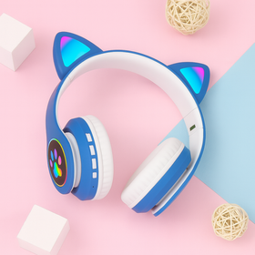 Bezprzewodowe słuchawki dla dzieci z kocimi uszami LED, bluetooth 5.0, FM, MP3 – Idealne na prezent niebieskie