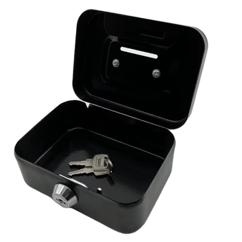 Metalowa kasetka na pieniądze z zamkiem i funkcją skarbonki – czarna mini sejf 8,5×11,5×5,5 cm