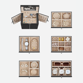 Szkatułka na biżuterię XXL czarna – organizer 6 poziomów, szuflady, panele