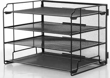 Metalowy organizer biurkowy A4 – czarny stojak na dokumenty z 4 półkami i tacką