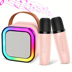 Przenośny zestaw karaoke Bluetooth z 2 mikrofonami i LED RGB – Magic Voice, różowy