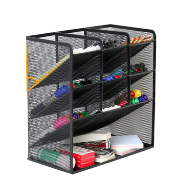 Metalowy organizer biurowy i kosmetyczny z 10 przegródkami – czarny, elegancki, 27×21×10 cm
