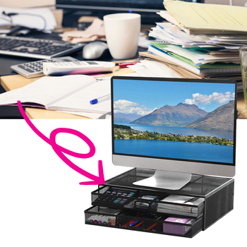 Metalowa podstawka pod monitor lub laptop z szufladami – czarna, wentylowana