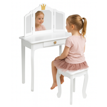 Toaletka dla dziewczynki White Dream drewniana z lustrem i taboretem drewniana z lustrem i taboretem