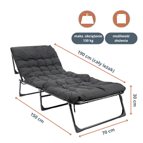 Leżanka ogrodowa leżak turystyczny regulowany łóżko plażowe + materac + poduszka 190x70x30cm szare