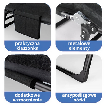 Leżak ogrodowy leżanka turystyczna składane łóżko plażowe 200x67x31cm + akcesoria czarne