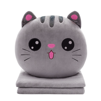Maskotka poduszka z kocem kotek szary – pluszowy zestaw 2w1 do domu i podróży