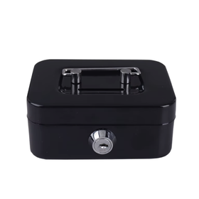 Metalowa kasetka na pieniądze z zamkiem i funkcją skarbonki – czarna mini sejf 8,5×11,5×5,5 cm