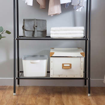 Stojak na ubrania metalowy podłogowy LOFT – wieszak z półkami do przedpokoju