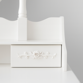 Toaletka drewniana biała z obrotowym lustrem i taboretem CALM