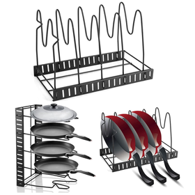 5-poziomowy organizer na patelnie, garnki i pokrywki – regulowany, pionowy i poziomy czarny