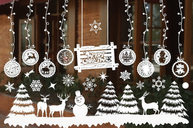 Naklejki świąteczne na okno i szybę – zestaw samoprzylepny z bałwanem, reniferami i choinkami