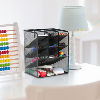 Metalowy organizer biurowy i kosmetyczny z 10 przegródkami – czarny, elegancki, 27×21×10 cm