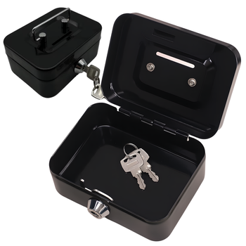 Metalowa kasetka na pieniądze z zamkiem i funkcją skarbonki – czarna mini sejf 8,5×11,5×5,5 cm