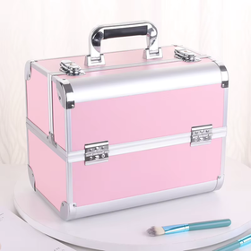 Kuferek kosmetyczny różowy – aluminiowy organizer na kosmetyki, lakiery i makeup z półkami