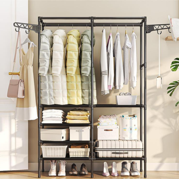 Czarny wieszak metalowy z półkami – stojak na ubrania 108×174 cm