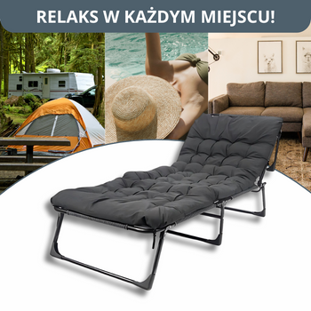 Leżanka ogrodowa leżak turystyczny regulowany łóżko plażowe + materac + poduszka 190x70x30cm szare