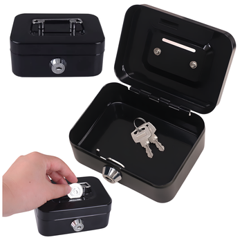Metalowa kasetka na pieniądze z zamkiem i funkcją skarbonki – czarna mini sejf 8,5×11,5×5,5 cm