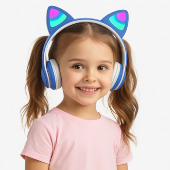 Bezprzewodowe słuchawki dla dzieci z kocimi uszami LED, bluetooth 5.0, FM, MP3 – Idealne na prezent niebieskie