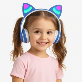 Bezprzewodowe słuchawki dla dzieci z kocimi uszami LED, bluetooth 5.0, FM, MP3 – Idealne na prezent niebieskie