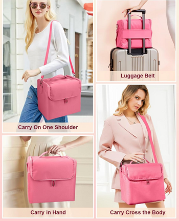 Organizer kosmetyczny różowy 24×28×19 cm – kuferek na makijaż z przegródkami różowy