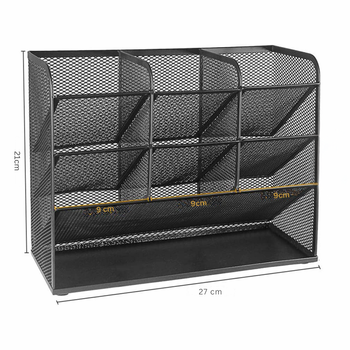 Metalowy organizer biurowy i kosmetyczny z 10 przegródkami – czarny, elegancki, 27×21×10 cm