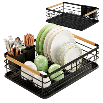 Ociekacz do naczyń z tacką i drewnianymi uchwytami – metalowy czarny