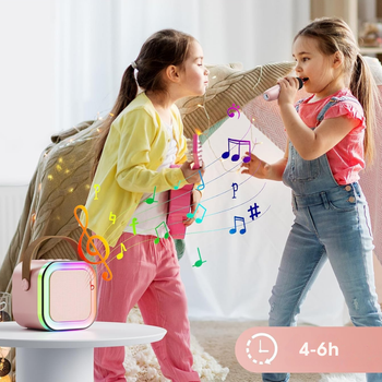 Przenośny zestaw karaoke Bluetooth z 2 mikrofonami i LED RGB – Magic Voice, różowy