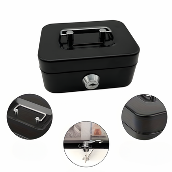 Metalowa kasetka na pieniądze z zamkiem i funkcją skarbonki – czarna mini sejf 8,5×11,5×5,5 cm