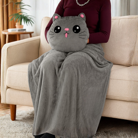 Maskotka poduszka z kocem kotek szary – pluszowy zestaw 2w1 do domu i podróży