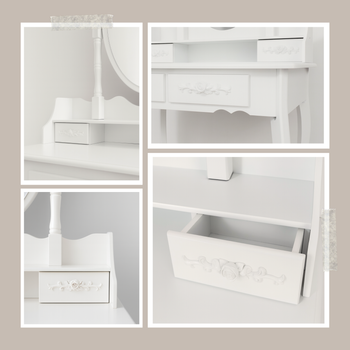 oaletka drewniana biała z obrotowym lustrem i taboretem CALM