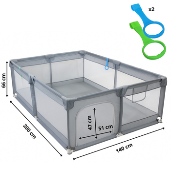 Kojec dla dziecka 200x140 cm XL – duży plac zabaw z siatką, wejście na zamek, uchwyty do nauki chodzenia, szary + torba transportowa