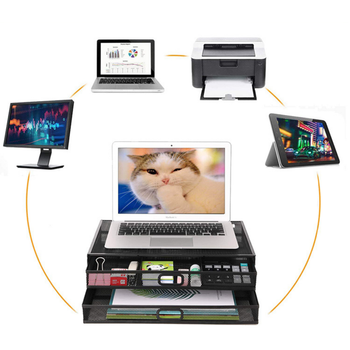 Metalowa podstawka pod monitor lub laptop z szufladami – czarna, wentylowana