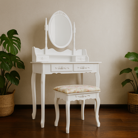 Toaletka drewniana biała z obrotowym lustrem i taboretem CALM