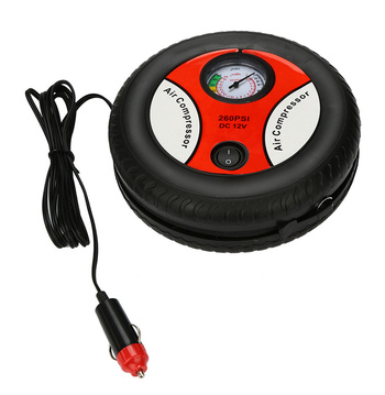 Kompresor Samochodowy 12V w Kształcie Koła, Zestaw Końcówek, Manometr, 260 PSI