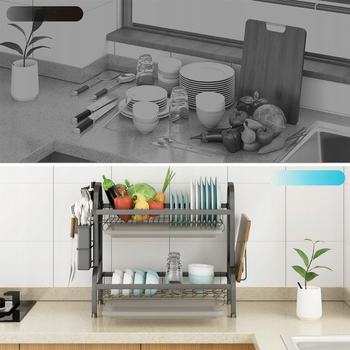 Dwupoziomowy ociekacz na naczynia z organizerami – stalowy stojak kuchenny 55 cm