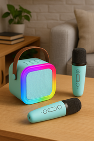 Przenośny zestaw karaoke Bluetooth z 2 mikrofonami i LED RGB – Magic Voice, niebieski