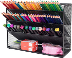 Metalowy organizer biurowy i kosmetyczny z 10 przegródkami – czarny, elegancki, 27×21×10 cm