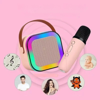 Przenośny zestaw karaoke Bluetooth z 2 mikrofonami i LED RGB – Magic Voice, różowy