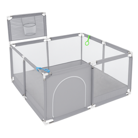 Kojec dla dziecka 130x130 cm – bezpieczny suchy basen, kojec z siatką, wejście na zamek, uchwyty do nauki chodzenia, szary + torba