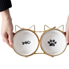 Podwójna miska ceramiczna dla kota na stojaku 2x300 ml różowa złota